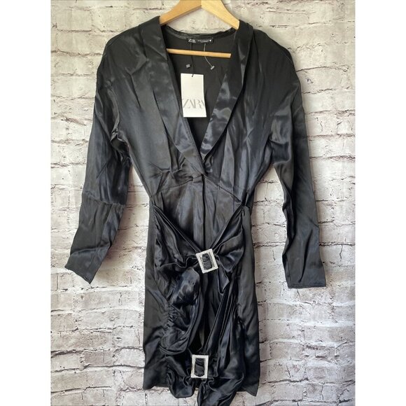 Zara Dresses & Skirts - Zara Black Silky V Neck Long‎ Sleeve Dress Rhinestone Buckles Size S Semi Formal